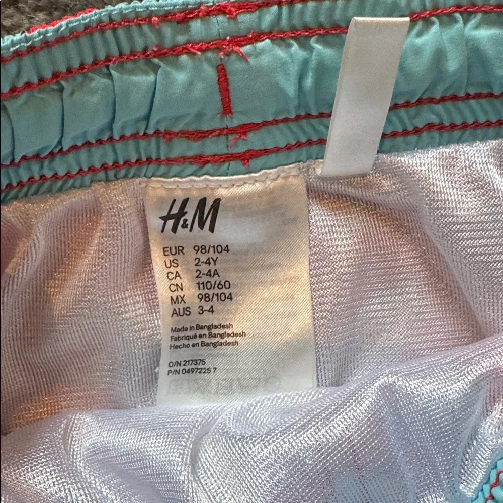 H&M Kids Swim Trunks Bathing Suit red green navy stripes whales, size 2-4 years